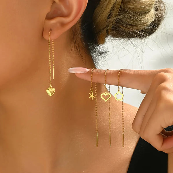 Heart Shape Asymmetrical Threader Earrings for Women, 304 Stainless Steel with 18K Real Gold Electroplated Finish