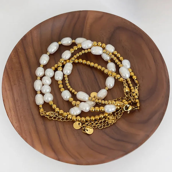 Vintage Style Baroque Style Geometric Round 316L Stainless Steel  Freshwater Pearl 18K Gold Plated Freshwater Pearl Bracelets In Bulk