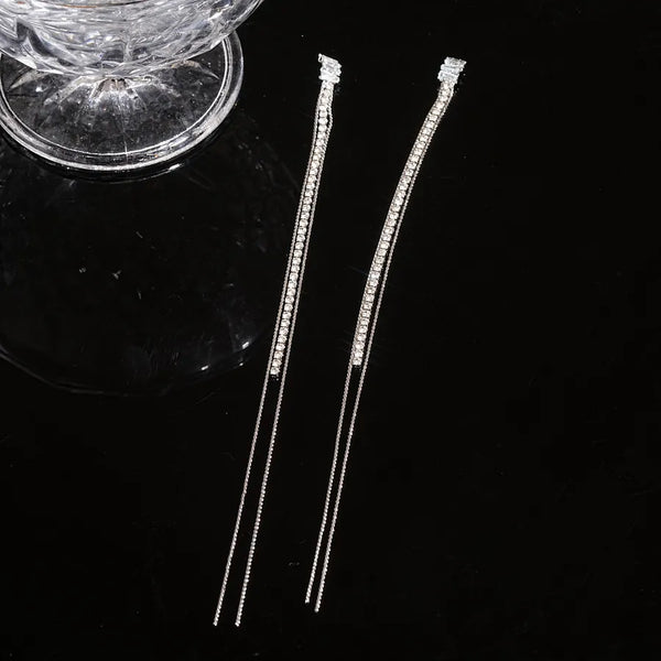 Fashionable Long Tassel Earrings Silver Needle Zircon Embedded Elegant Commuting Versatile Women's Jewelry Geometric Pattern