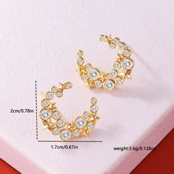 1 Pair Elegant Classic Style Star Moon Copper Zircon 18K Gold Plated Ear Studs