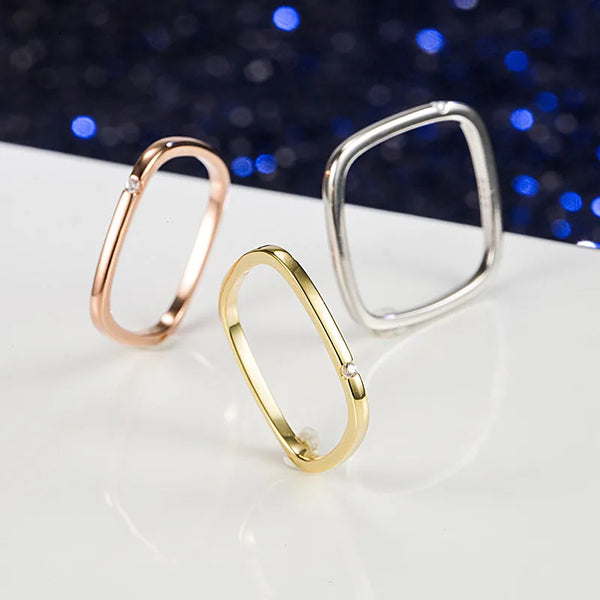 Square 925 Sterling Silver Ring for Women with Rhinestones in Rose Gold, Simple Style