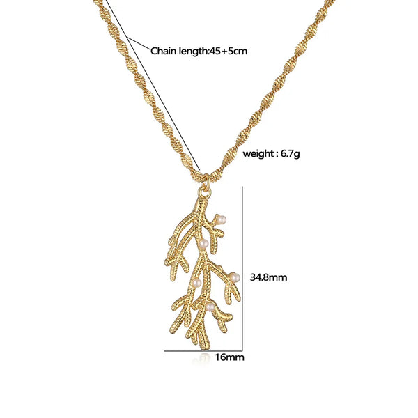 Copper 18K Gold Plated Inlay Hippocampus Coral Fish Tail Pearl Zircon Pendant Necklace