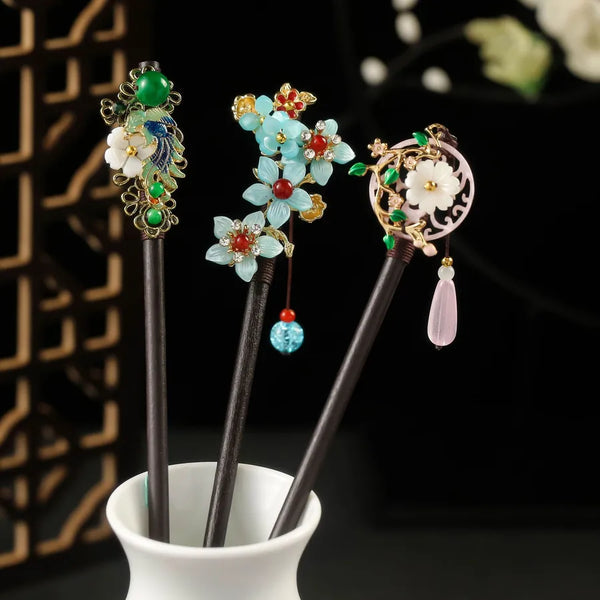 Wooden Tassel Hair Clip Floral Design Cheongsam Hairstyle Design Women's Vintage Hair Accessories All Seasons