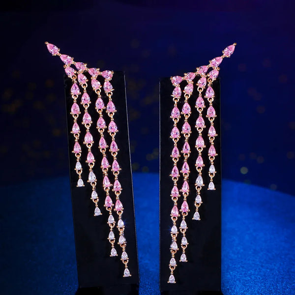 Elegant Long Zircon Copper Earrings French Style Fringe Diamond Women's Wedding Party Wear Glitzy Evening Dress Earrings
