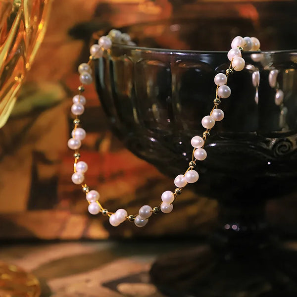 Original Natural Pearl Copper Bead Plated 18K Real Gold Necklace for Women Fashionable Versatile Gentle Temperament Neck Chain Light Luxury High-end Clavicle Chain