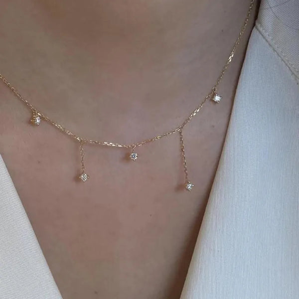 Geometric Electroplated Brass Necklace for Women with Golden Plated Finish and Zircon Inlay on Cable Chain