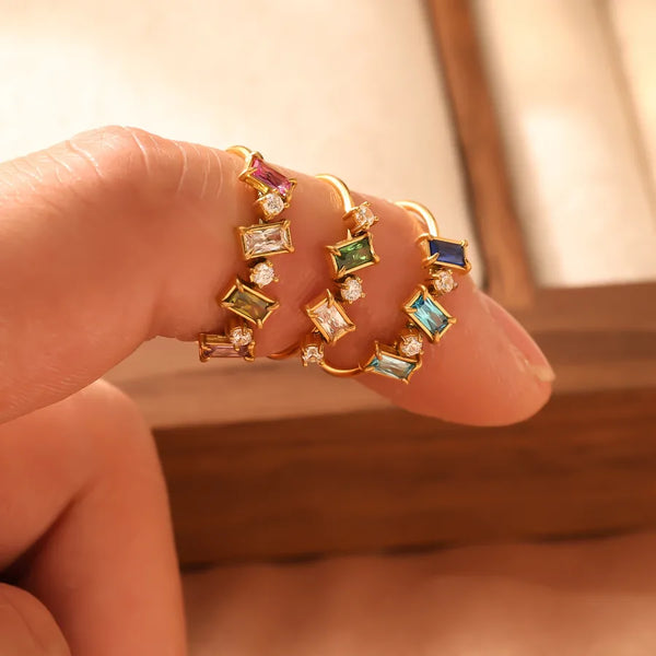 Colorful Diamond Gold Plated Ring Stylish Women's Stackable Fashion Jewelry Geometric Pattern Stainless Steel Rings