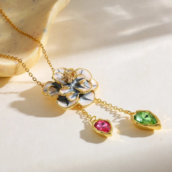 304 Stainless Steel 18K Gold Plated Oil Drop Flower Water Drop Zircon Copper Pendant Vacuum Electroplated Necklace