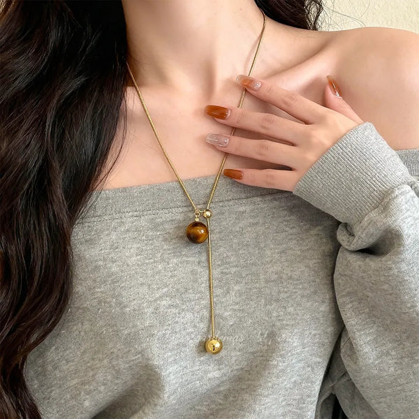 Chocolate Pendant Long Necklace for Women Vintage Minimalist Design Sweater Chain Geometric Rhinestone