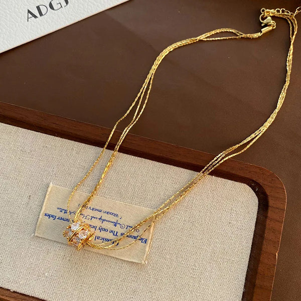 True Gold Plated Zircon Multi-Layer Necklace Women's Simple High-End Geometric Pattern Jewelry Clavicle Chain Stylish Trendy