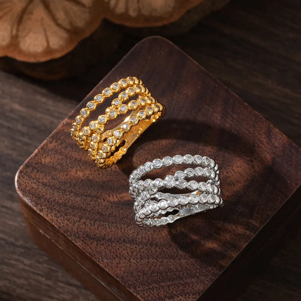 Unisex Geometric Rings with Zircon Inlay, Copper Base Featuring 18K Real Gold Plated Water Plating and Bezel Setting