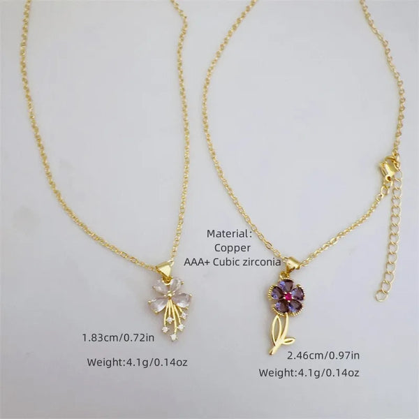 18K Gold Plated Zirconia Pearl Flower Necklace Handmade Creative Multi-Style Copper Pendant Simple Classic Style Daily Wear Gift