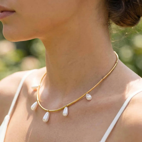 Women’s Pearl Tassel Necklace with Artificial Pearl Inlay, 18K Real Gold Plated on PVD Coated 201 Stainless Steel