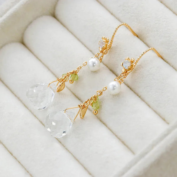 Dunli Jewelry New Style S925 Silver 14K Gold Plated Pearl White Crystal Tear Drop Earrings Luxury Feelings Women's Jewelry