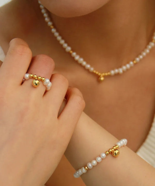 classic style round freshwater pearl copper plating gold plated rings bracelets necklace