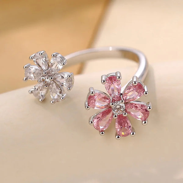 Silver Plated White Gold Flower Pink Diamond Ring Ladies Adjustable Size Promise Ring Birthstone Wedding Birthday Party