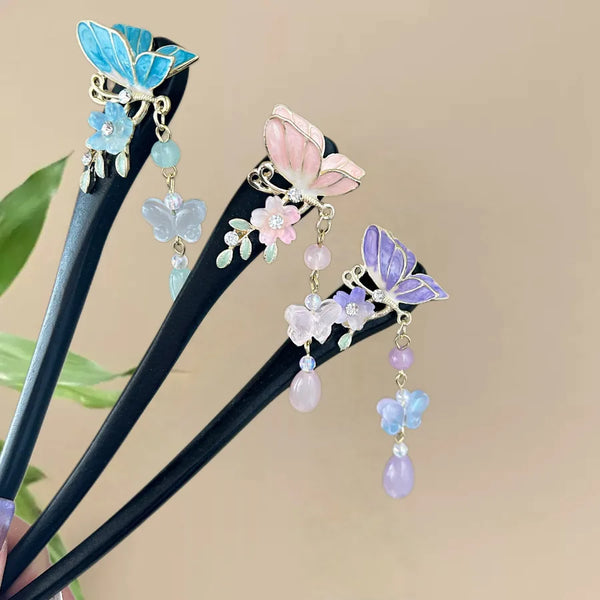 Chinoiserie Wooden Hair Sticks for Women with Purple Flowers, Perfect Spring Hair Accessories