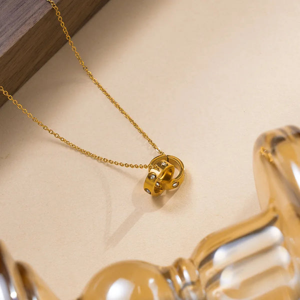 Double Ring Pendant Titanium Steel Necklace Set with Zirconia Geometric Simple Women's Suitable
