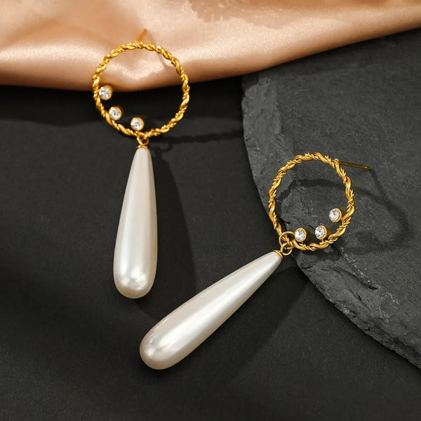1 Pair Elegant Round Inlay 304 Stainless Steel Artificial Pearls Rhinestones Stainless Steel Earrings