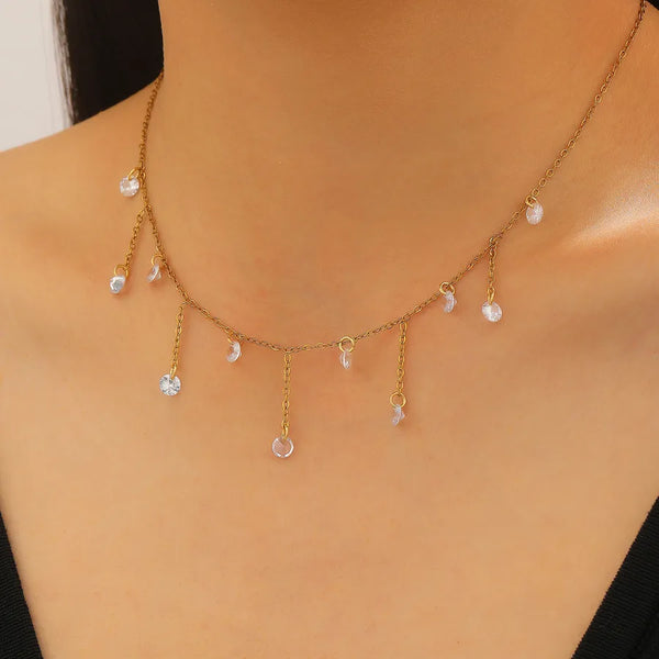 Round Inlay Necklace in 304 Stainless Steel with 18K Real Gold Plated PVD Coating and Zircon on Cable Chain