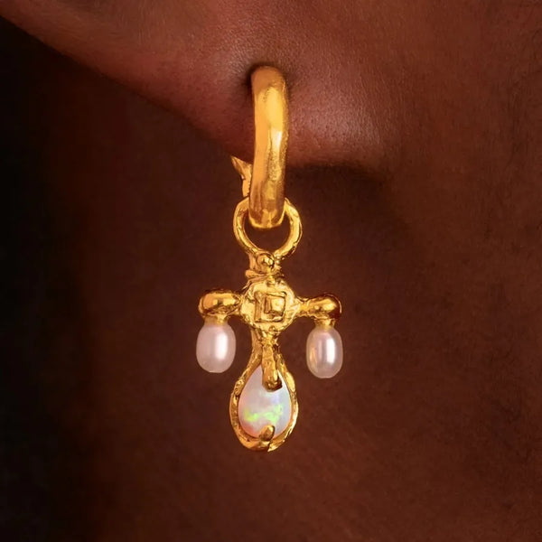 Retro Copper Cross Necklace with Water Droplets and Pearl Design, Golden, 1 Pair for Valentine’s Day