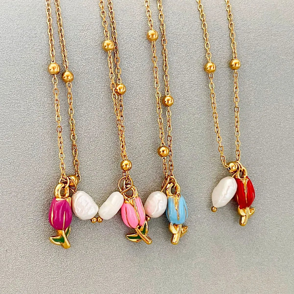 Vintage Gold Tulip Flower Oil Drop Necklace for Women Simple Fairy Jewelry Pearl Inlaid 304 Stainless Steel