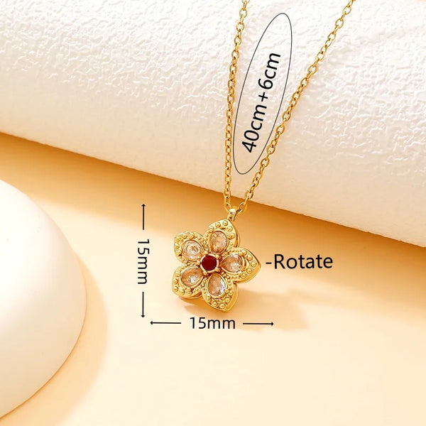 Four Leaf Clover Necklace For Couples in Titanium Steel with Rhinestones and Rotatable Design, Featuring PVD Coated Cable Chain