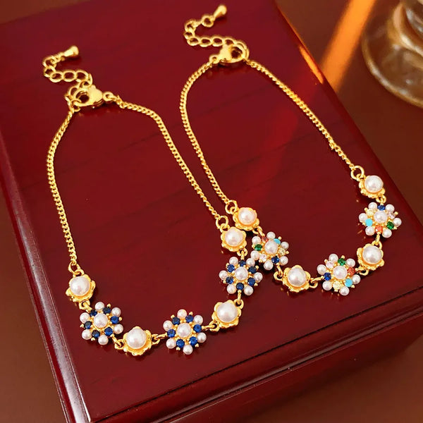 Vintage Pearl Zircon Flower Bracelet Bohemian Style Copper Chain Gold Plated Women's Jewelry Accessory Versatile Design Sensation
