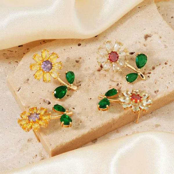 1 Piece Vacation Tropical Shiny Sunflower Inlay Copper Zircon K Gold Plated Ear Studs