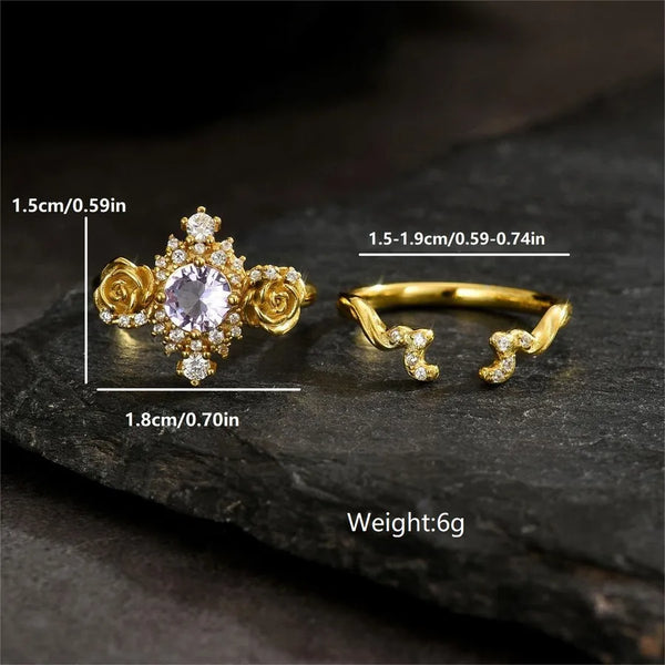 2 Pieces of Exquisite and Luxurious Romantic Floral Element Women's Zircon Rings Suitable for Date Occasions Jewelry