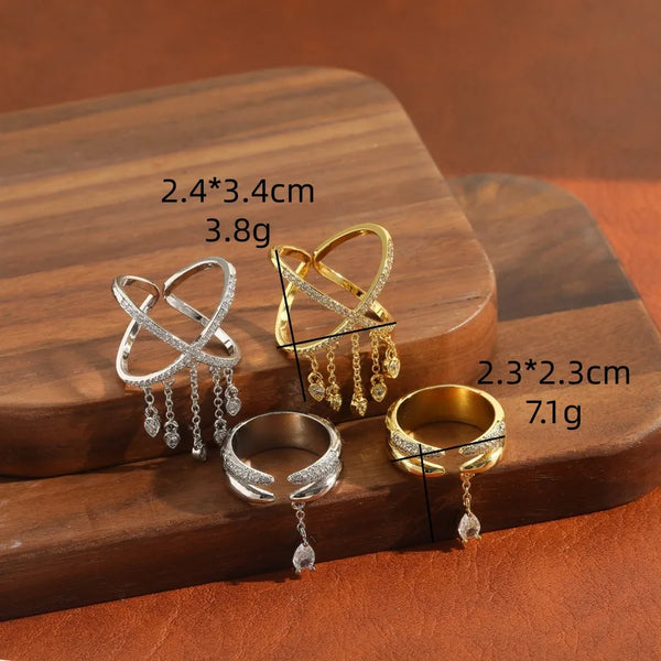 Vintage Copper Material 14k Gold Inlaid Zircon Water Drop Open Ring Vintage Women