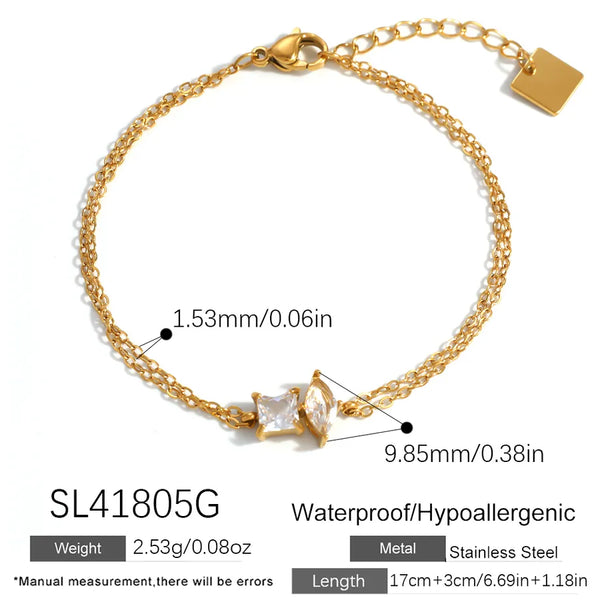 Square Bezel Setting Bracelet for Women in 304 Stainless Steel with 18K Real Gold PVD Coating and Zircon Inlay, Featuring Cable Chain