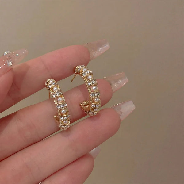 Circle Stud Earrings for Women in Alloy with Rhinestones, Electroplated Finish and Copper Ear Pins