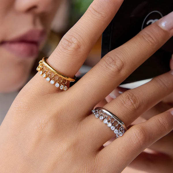 Ladies Modern Minimalist 18K Gold Steel Color Stainless Steel Zirconia Round White Zirconia Tassel Ring Size 7 Travel Suitable