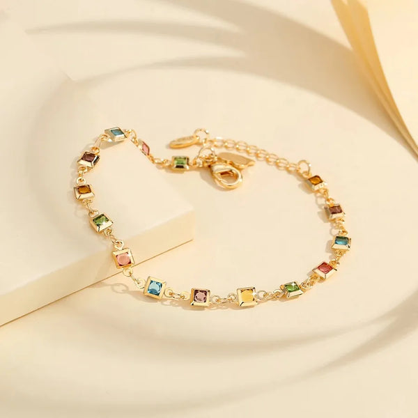 Rainbow Zircon Micro Inlaid Bracelet for Women, Multicolor Candy Color Bracelet with Adjustable Clasp
