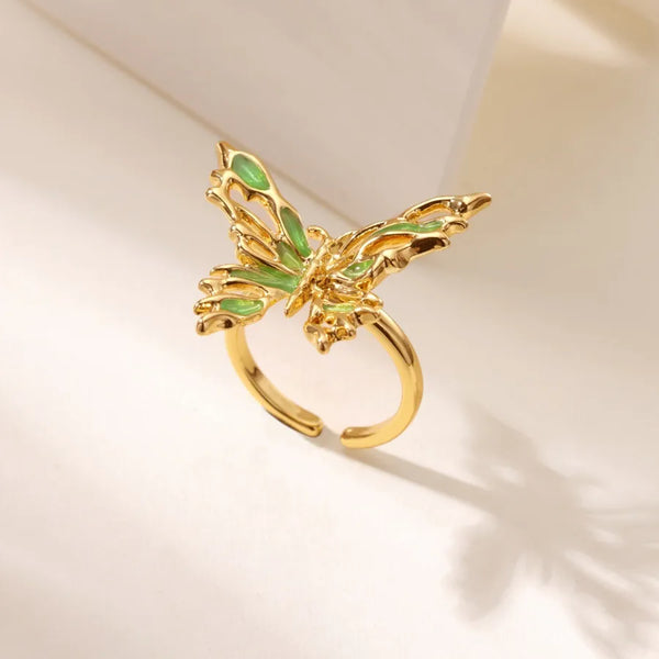 Fashionable Butterfly Gradient Drop Glaze Open Ring For Women Fake Pearl Zircon Index Finger Ring New Style Minimalist