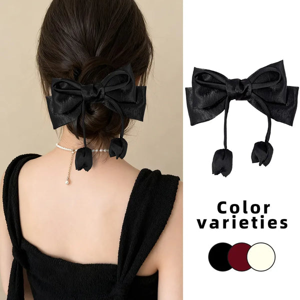 Satin Hair Clip with Flower Tassel Bowknot Classic Hair Accessory for Women, Suitable for Back of Head