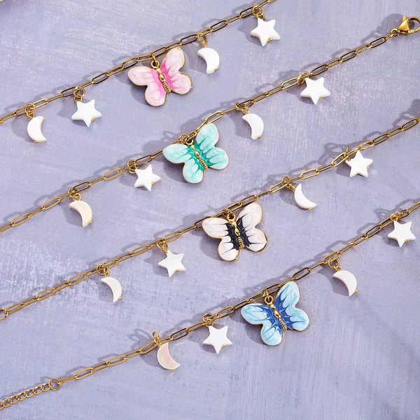Wholesale Jewelry Casual Marine Style Simple Style Star Moon Butterfly 304 Stainless Steel 18K Gold Plated Handmade Polishing Enamel Paperclip Chain Necklace