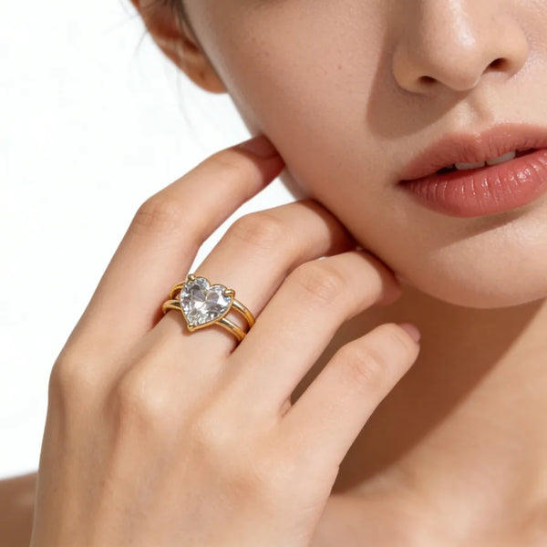 Unisex Three-dimensional Heart Shape Open Ring in Copper with Golden PVD Coating and Zircon Inlay