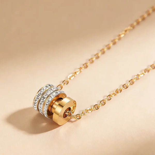 Hypoallergenic Women's Double Ring Necklace in 304 Stainless Steel with 18K Gold Plated PVD and Rhinestones