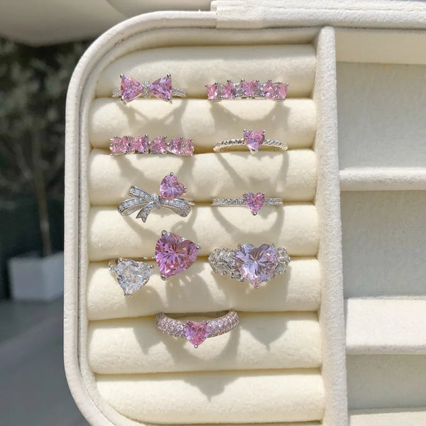 925 Sterling Silver Zircon Heart Shape Bow Knot Rings