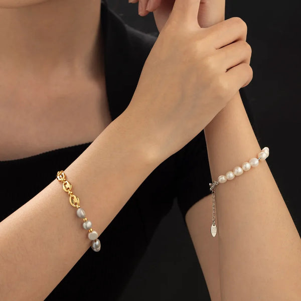 Irregular Beading Copper Bracelet for Women with 18K Real Gold Water Plating and Genuine Pearl Inlay, Featuring Box Chain