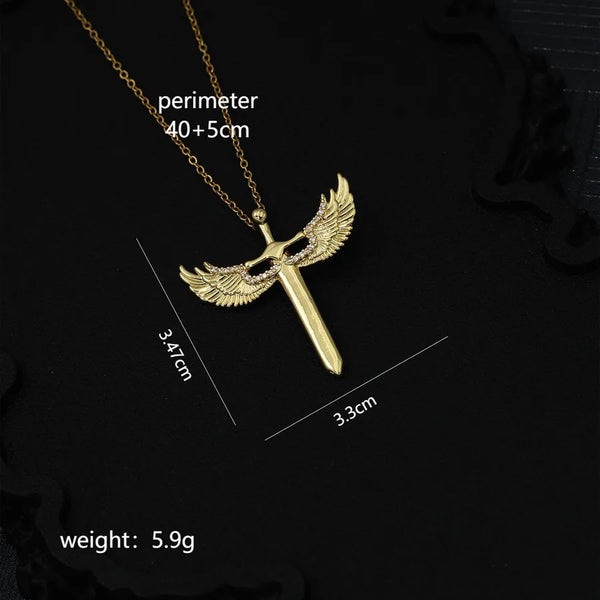 Wholesale Jewelry Rock Cool Style Shiny Cross Wings 304 Stainless Steel Copper Zircon K Gold Plated Pendant Necklace
