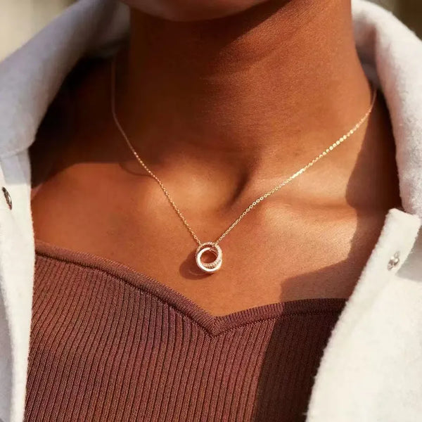 S925 Sterling Silver Interlocking Rings Necklace Women Simple Double Ring High-End Clavicle Chain European Style Jewelry