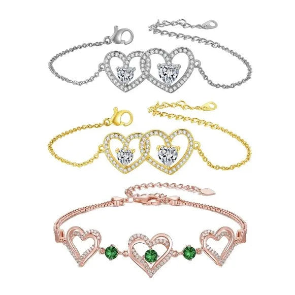 Wholesale Elegant Lady Modern Style Double Heart Heart Shape Brass Inlay Zircon Bracelets