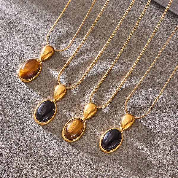 Oval Pendant Necklace for Women featuring Natural Stone Tiger Eye Inlay with 304 Stainless Steel Chain and Pendant