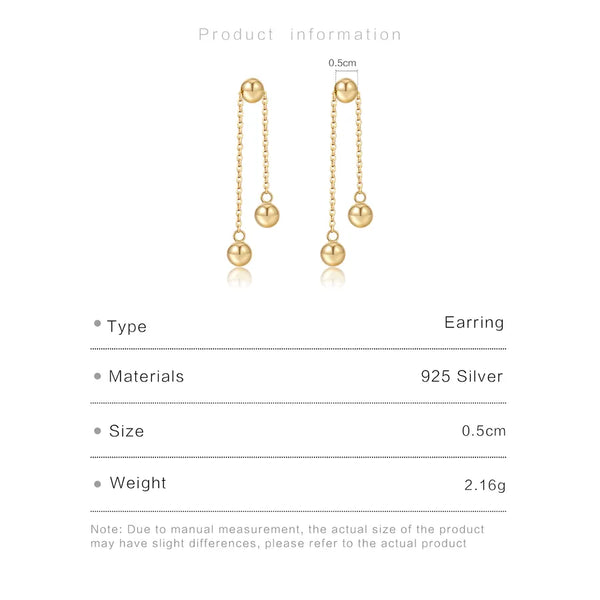 S925 Sterling Silver Round Bead Long Tassel Earrings for Women, Vintage Style, Elegant and High-End Feel, Suitable for Daily Commuting, Wholesale 18K Gold Plated