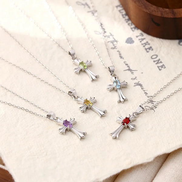 Fashionable S925 Sterling Silver Necklace Women's Cross Pendant Lockbone Chain Jewelry Geometric Pattern Non-Fading Stylish OL