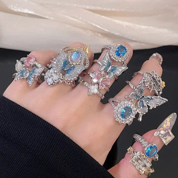 Copper Enamel Oval Butterfly Zircon Open Rings