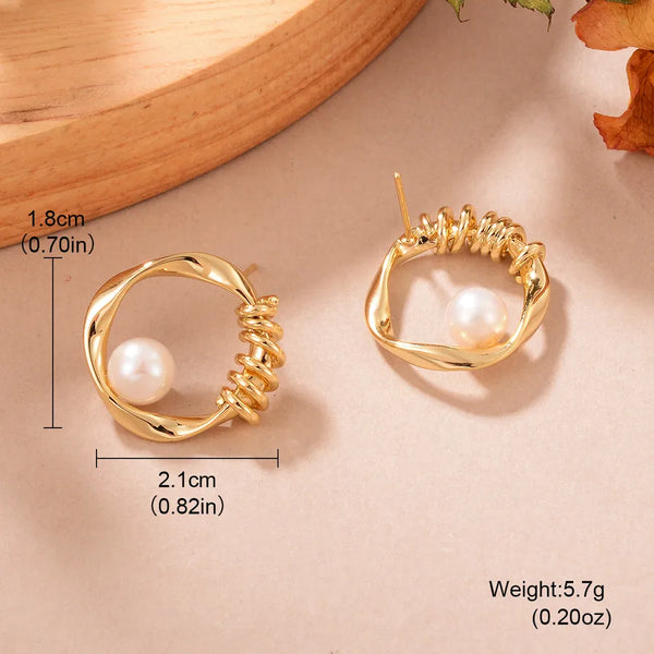S925 Silver Needle Copper Plated 18K Gold Fake Pearl Metal Woven Earrings Elegant Luxury Polished Surface For Party And Daily Use